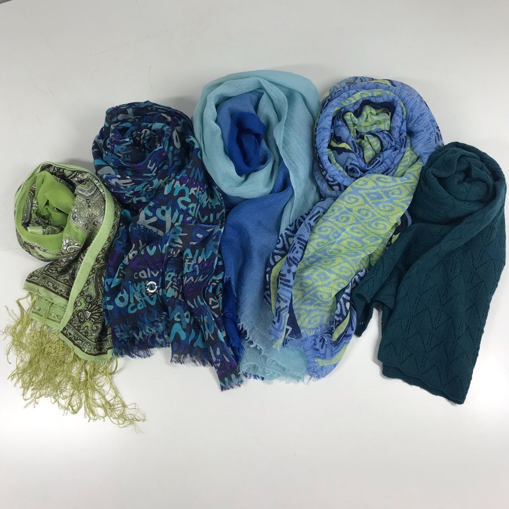 Lot Of 7- Women's Blue,Teal Green Mixed Scarf Set - Lightweight Fashion Scarves